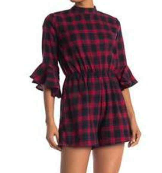 Abound Pants - NWOT Abound red plaid ruffle sleeve romper